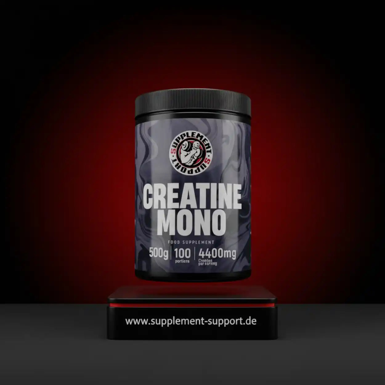 Kreatin Monohydrat Dose 500g als Nahrungsergänzungsmittel auf dunklem Hintergrund