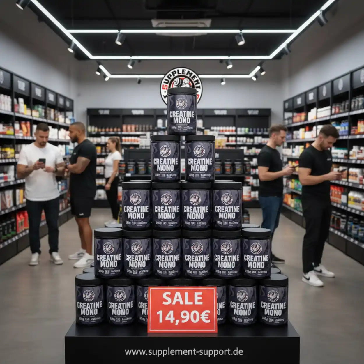 Kreatin Monohydrat Dosen im Fitness Shop, SALE Schild mit Preis 14,90€, Nahrungsergänzung