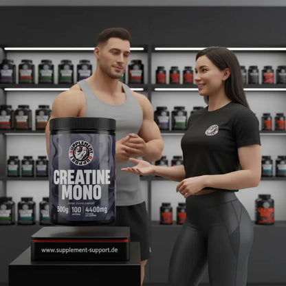 Fitnessstudio mit Creatin Mono Nahrungsergänzungsmittel, Sportler und Trainer im Gespräch