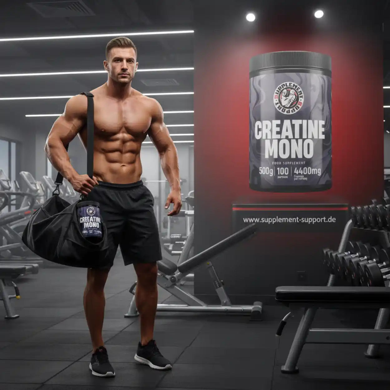 Muskulöser Mann im Fitnessstudio mit Creatin Mono Dose, Fitness, Sportnahrung, Nahrungsergänzung