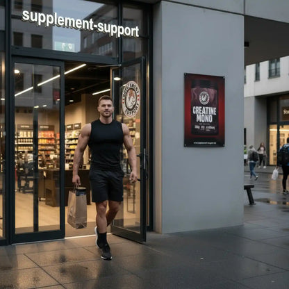 Sportlicher Mann verlässt Supplement-Geschäft mit Protein- und Creatin-Produkten