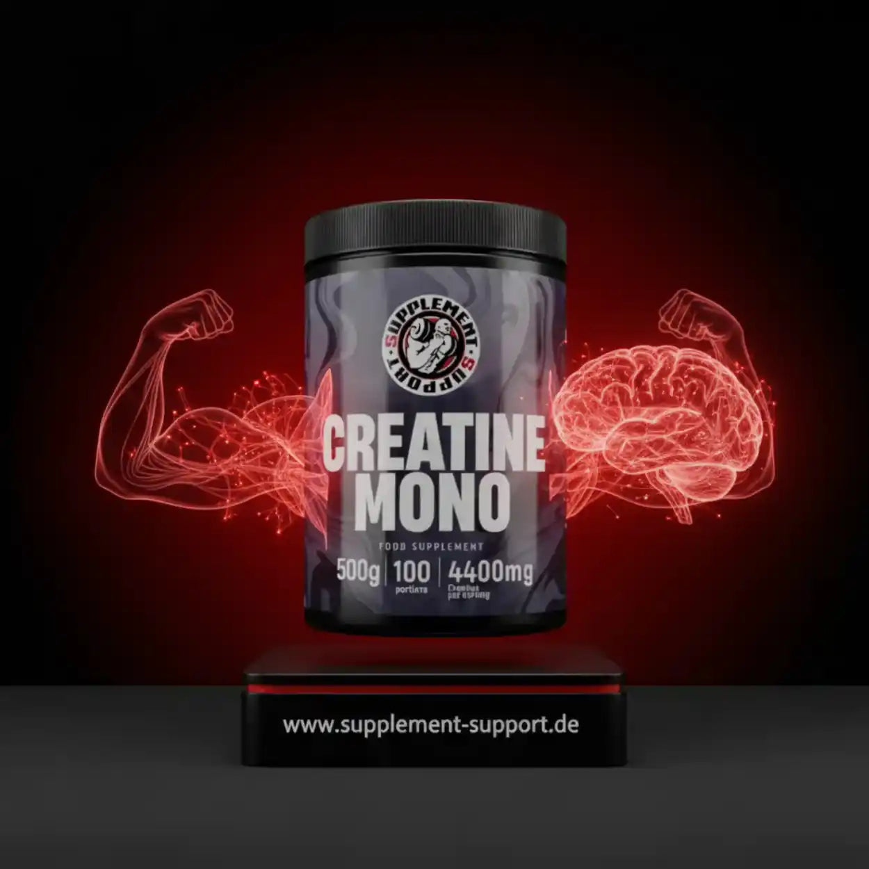 Creatin Mono Dose vor schwarzem Hintergrund mit Muskel- und Gehirn-Grafik, 500g Nahrungsergänzung
