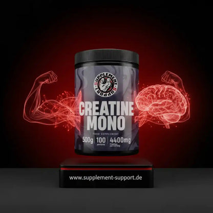Creatin Mono Dose vor schwarzem Hintergrund mit Muskel- und Gehirn-Grafik, 500g Nahrungsergänzung