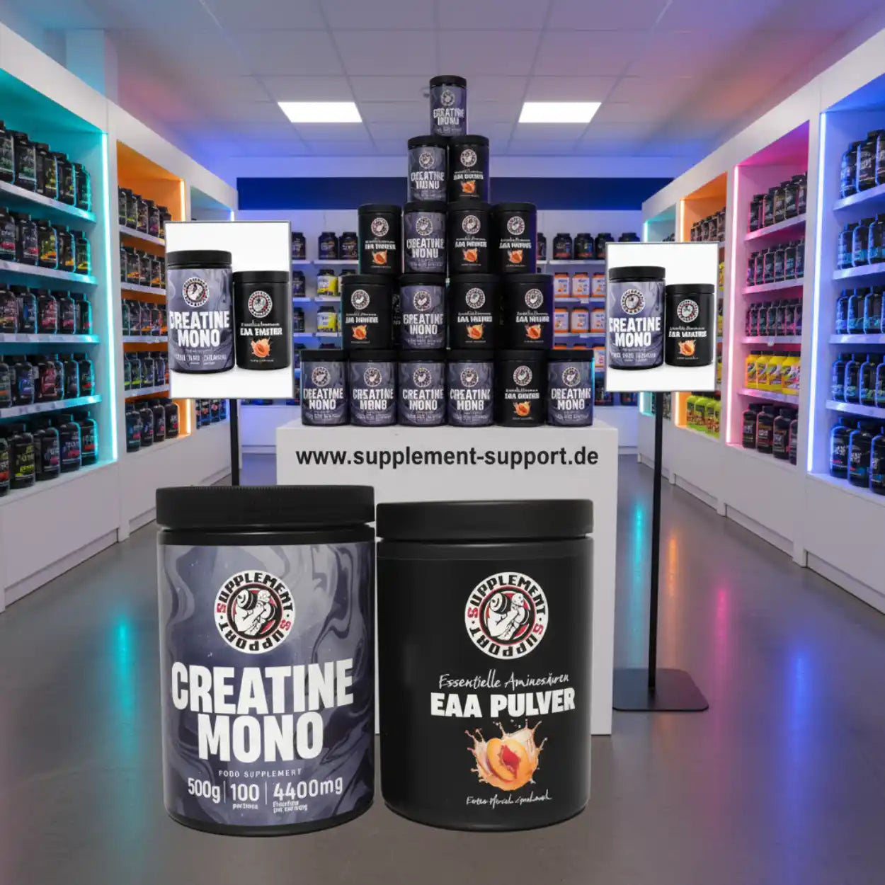Nahrungsergänzungsmittel Laden mit Creatine Mono und EAA Pulver, Sportnahrung Regal