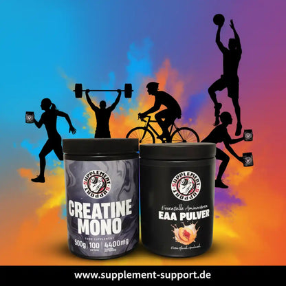 Creatin Mono und EAA Pulver Sportnahrung, bunte Sportler-Silhouetten im Hintergrund