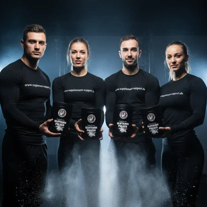 Vier sportliche Menschen präsentieren Glutamin Pulver Nahrungsergänzungsmittel vor dunklem Hintergrund.