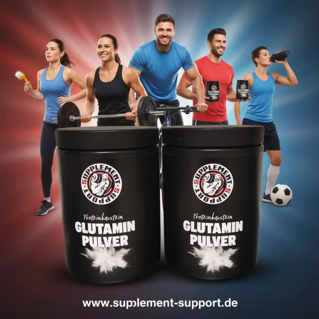 Sportler mit Glutamin Pulver Dosen, Fitness und Sportnahrung, Protein Supplement