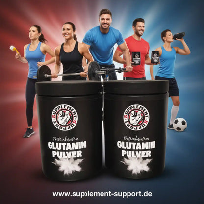 Sportler mit Glutamin Pulver Dosen, Fitness und Sportnahrung, Protein Supplement