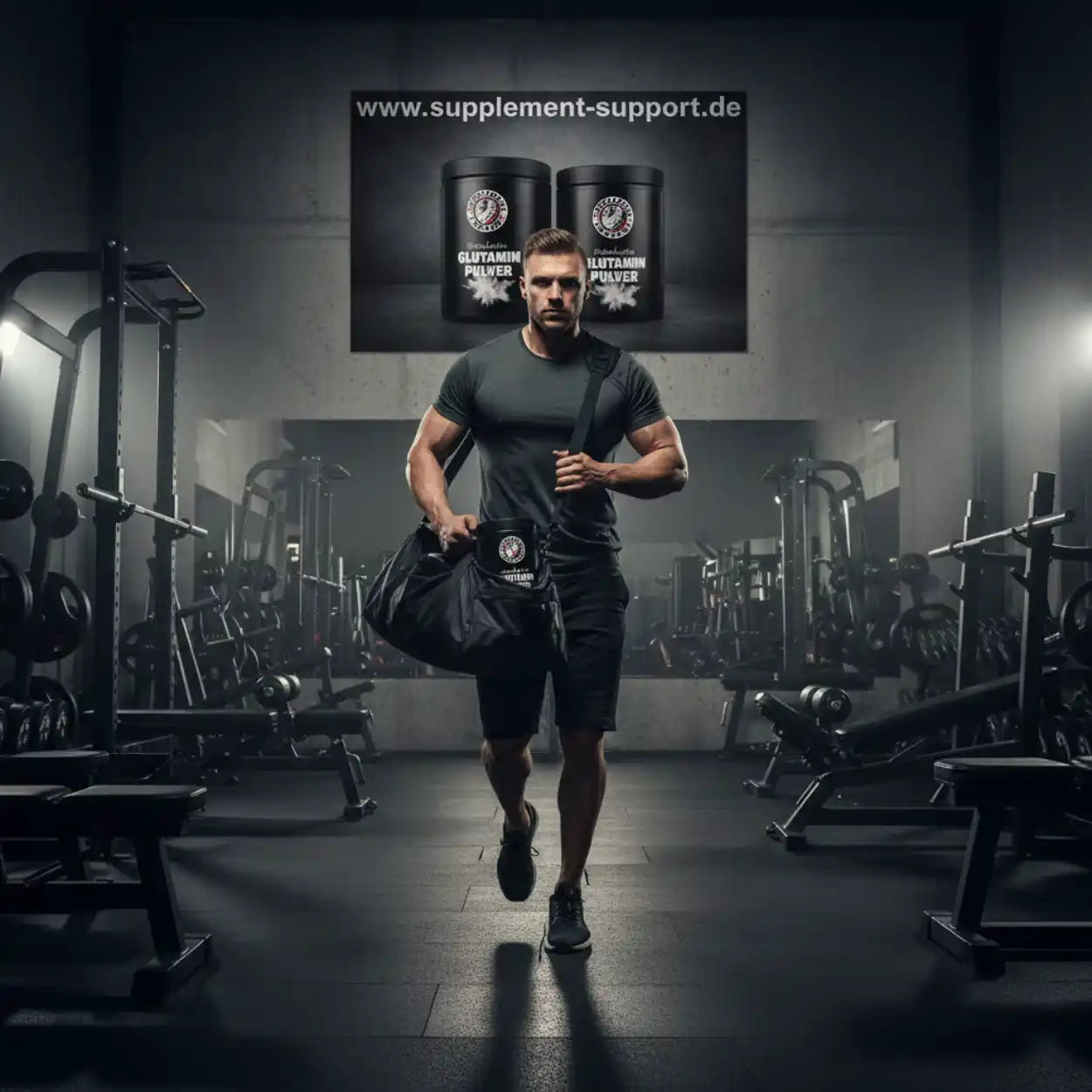 Sportlicher Mann mit Fitnesstasche im modernen Fitnessstudio, Glutamin Pulver Werbung im Hintergrund