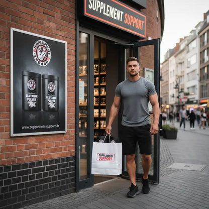 Sportlicher Mann mit Einkaufstasche verlässt Nahrungsergänzungsmittel-Geschäft in der Stadt