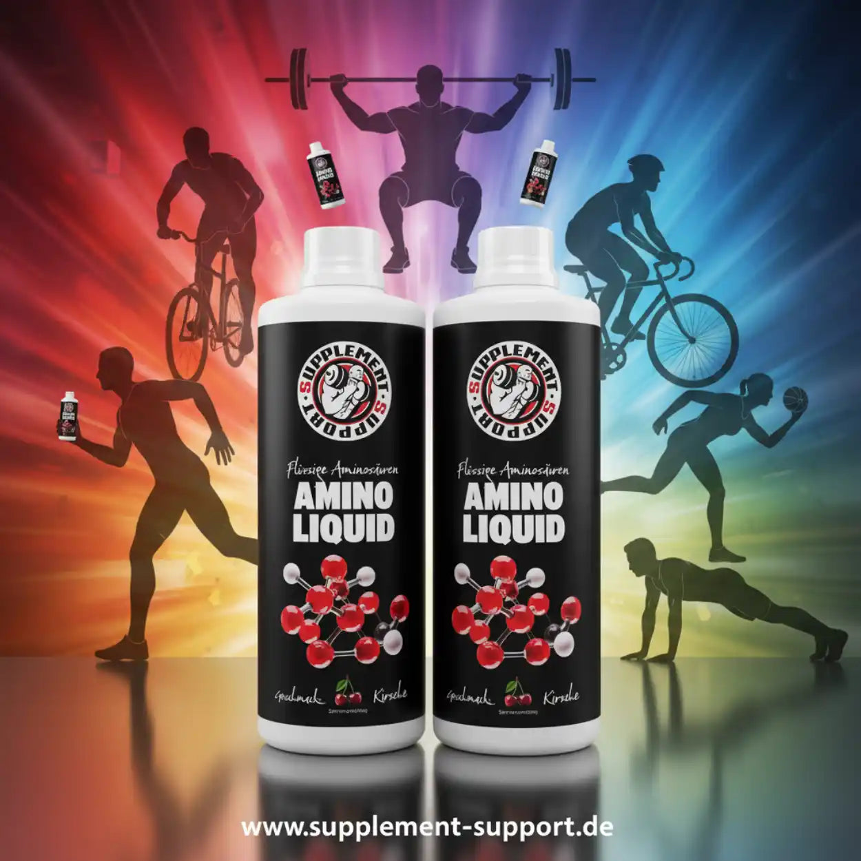 Amino Liquid Nahrungsergänzungsmittel für Sportler, Flasche mit Molekülgrafik, bunte Sportler-Silhouetten