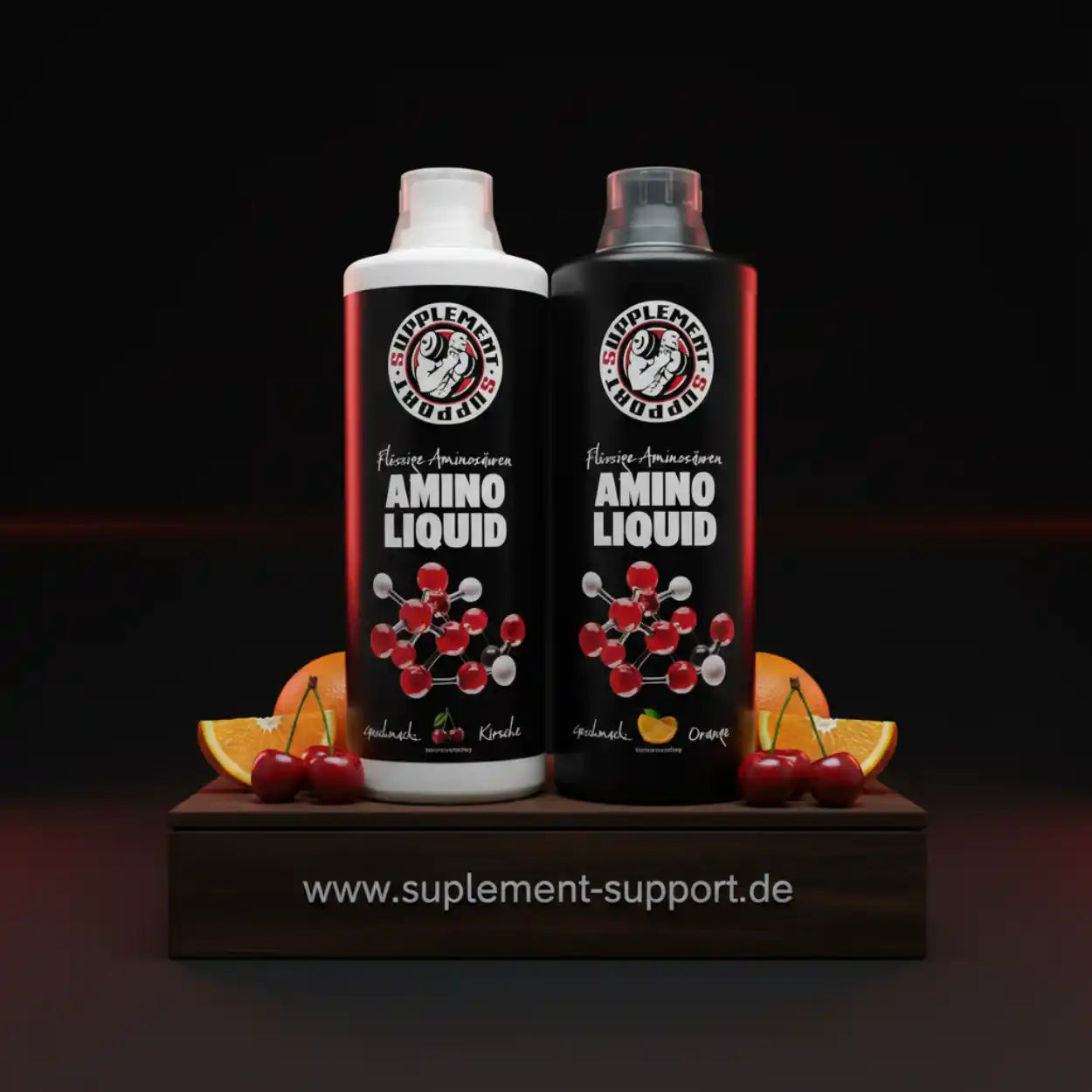 Amino Liquid Nahrungsergänzungsmittel Kirsche und Orange, Flaschen mit Früchten