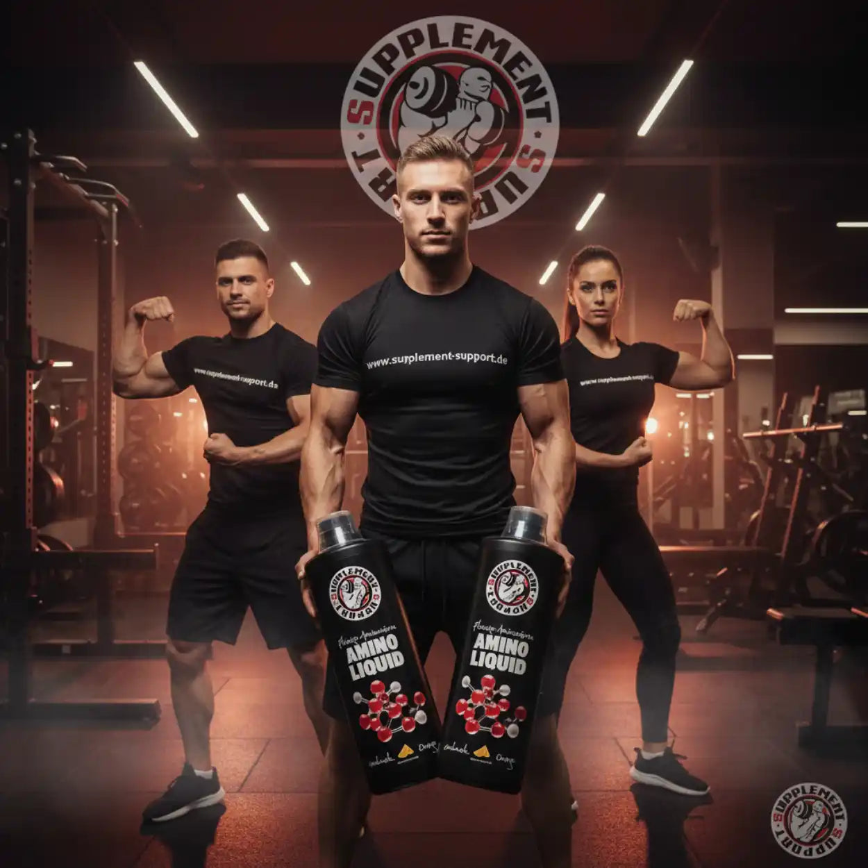 Sportler im Fitnessstudio präsentieren Amino Liquid Nahrungsergänzung für Muskelaufbau