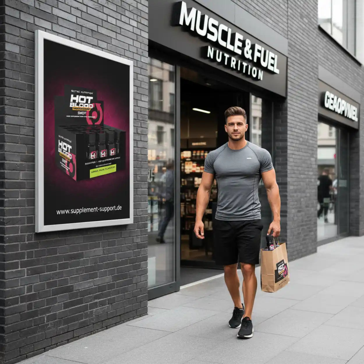 Sportlicher Mann mit Einkaufstasche vor Supplement Support Nahrungsergänzungsmittel-Shop