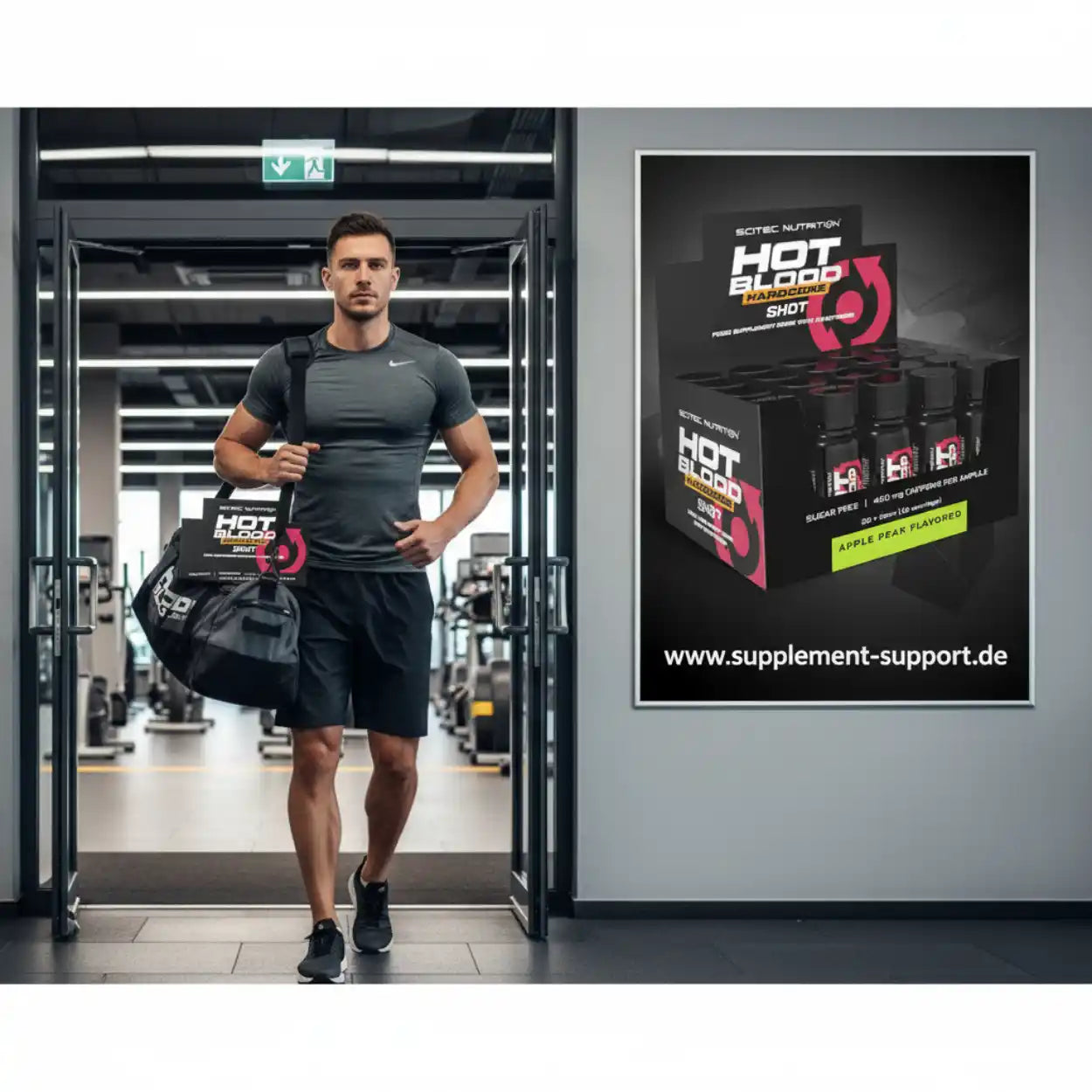 Sportlicher Mann mit Sporttasche im Fitnessstudio, Werbung für Hot Blood Shot Nahrungsergänzungsmittel an der Wand, supplement-support.de