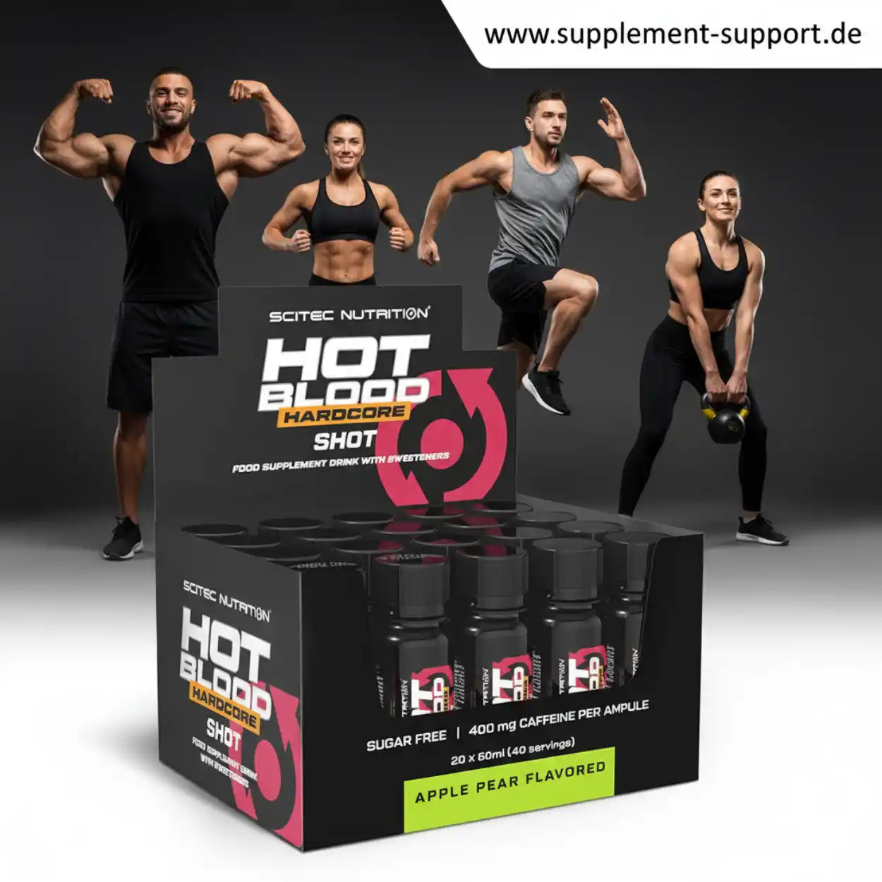 Sportliche Männer und Frauen mit Hot Blood Hardcore Shot Nahrungsergänzung, Fitness, Supplement Support
