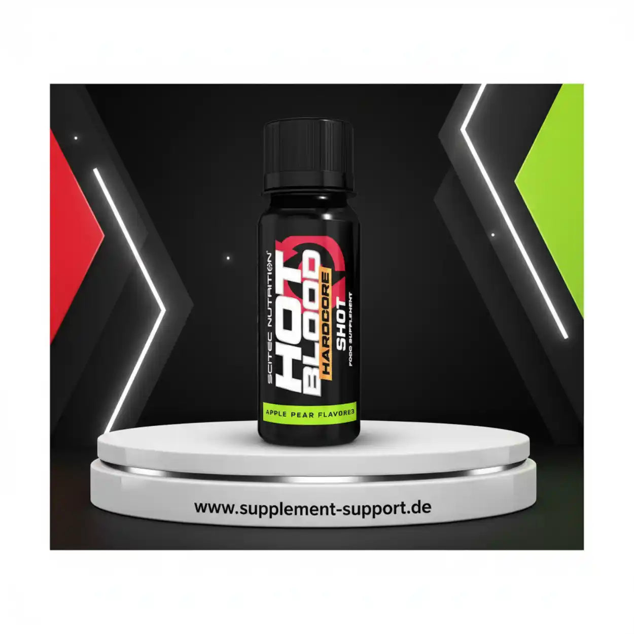 Hot Blood Hardcore Shot Nahrungsergänzungsmittel von Scitec Nutrition auf Podest, Fitness Supplement
