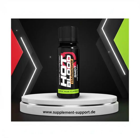 Hot Blood Hardcore Shot Nahrungsergänzungsmittel von Scitec Nutrition auf Podest, Fitness Supplement