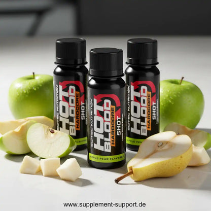 Scitec Nutrition Hot Blood Hardcore Shot Apfel-Birne, Sportnahrung, Nahrungsergänzung, Flaschen mit frischen Äpfeln und Birnen