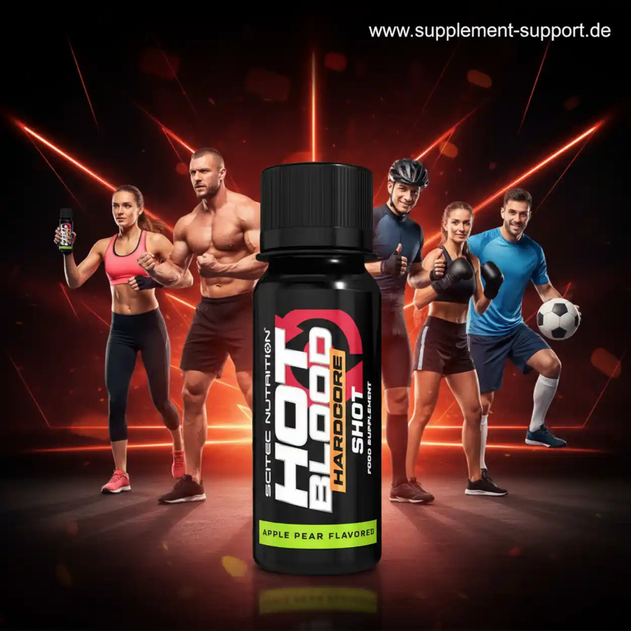 Hot Blood Hardcore Shot Nahrungsergänzungsmittel, Sportler im Hintergrund, Supplement Support