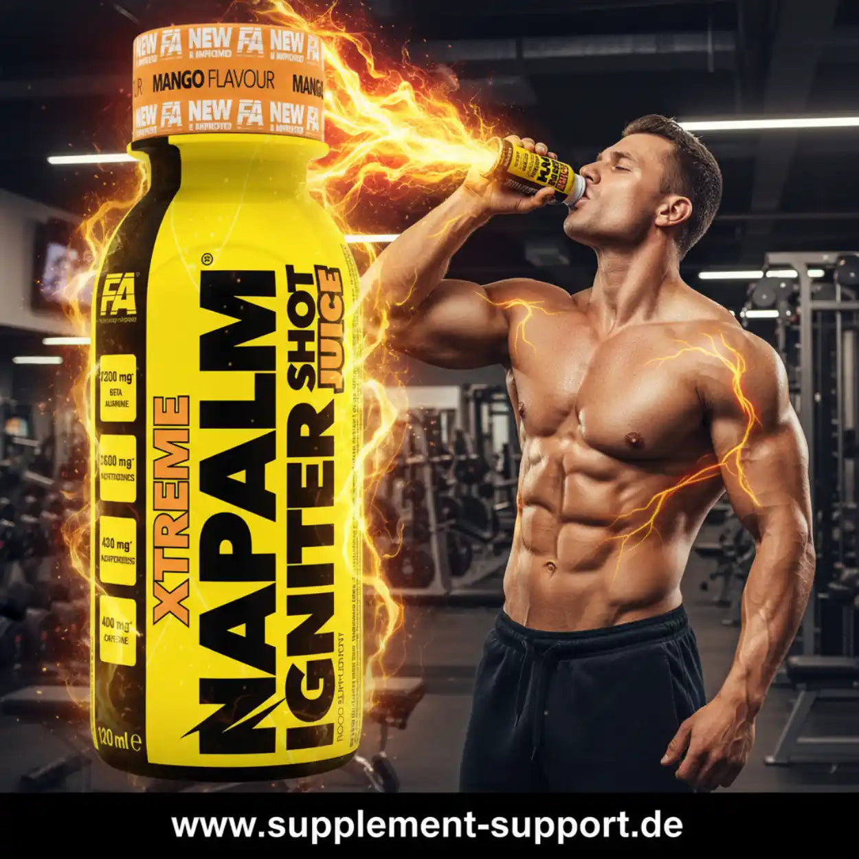 Muskulöser Mann trinkt FA Napalm Xtreme Igniter Shot Juice im Fitnessstudio, Mango-Geschmack, Energie-Booster