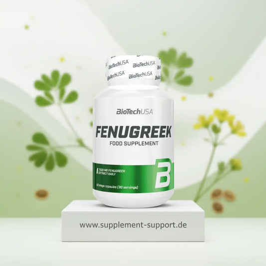 BiotechUSA Fenugreek Nahrungsergänzung, 60 Kapseln, vor Pflanzenhintergrund