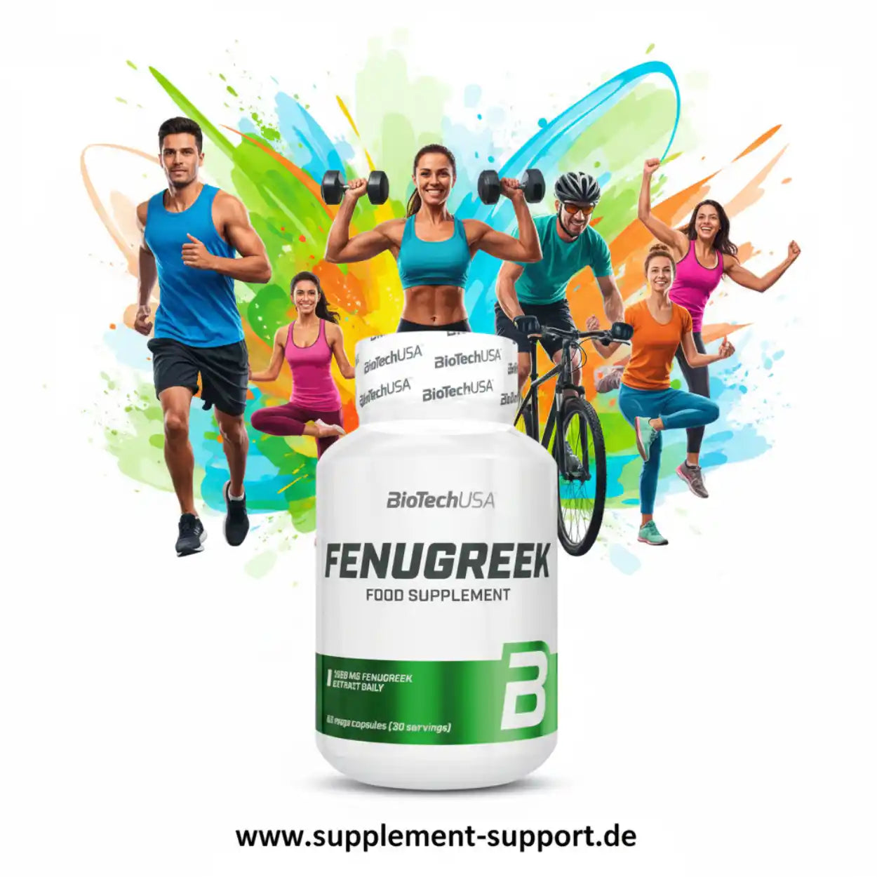 BioTechUSA Fenugreek Kapseln mit sportlichen Menschen, Fitness und Energie, Nahrungsergänzung