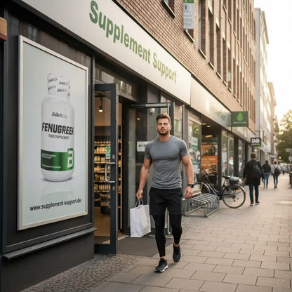 Sportlicher Mann verlässt Fachgeschäft für Nahrungsergänzungsmittel, Protein, Vitamine.