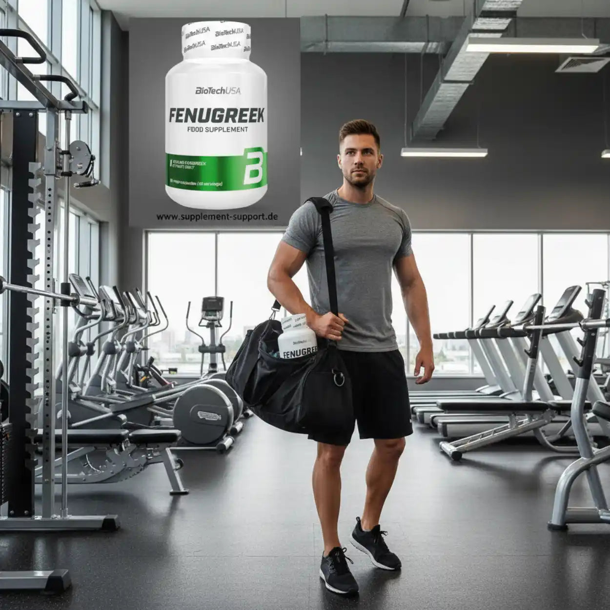 Mann im Fitnessstudio mit Sporttasche und Fenugreek Nahrungsergänzungsmittel, Fitness, Muskelaufbau