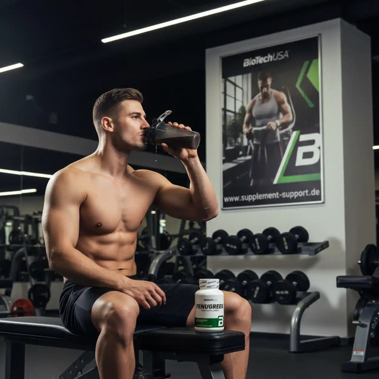Muskulöser Mann trinkt Proteinshake im Fitnessstudio mit Fenugreek Supplement auf Bank