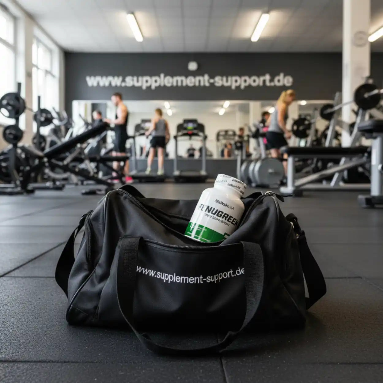 Sporttasche mit Nahrungsergänzungsmittel im Fitnessstudio, im Hintergrund Sportler an Geräten
