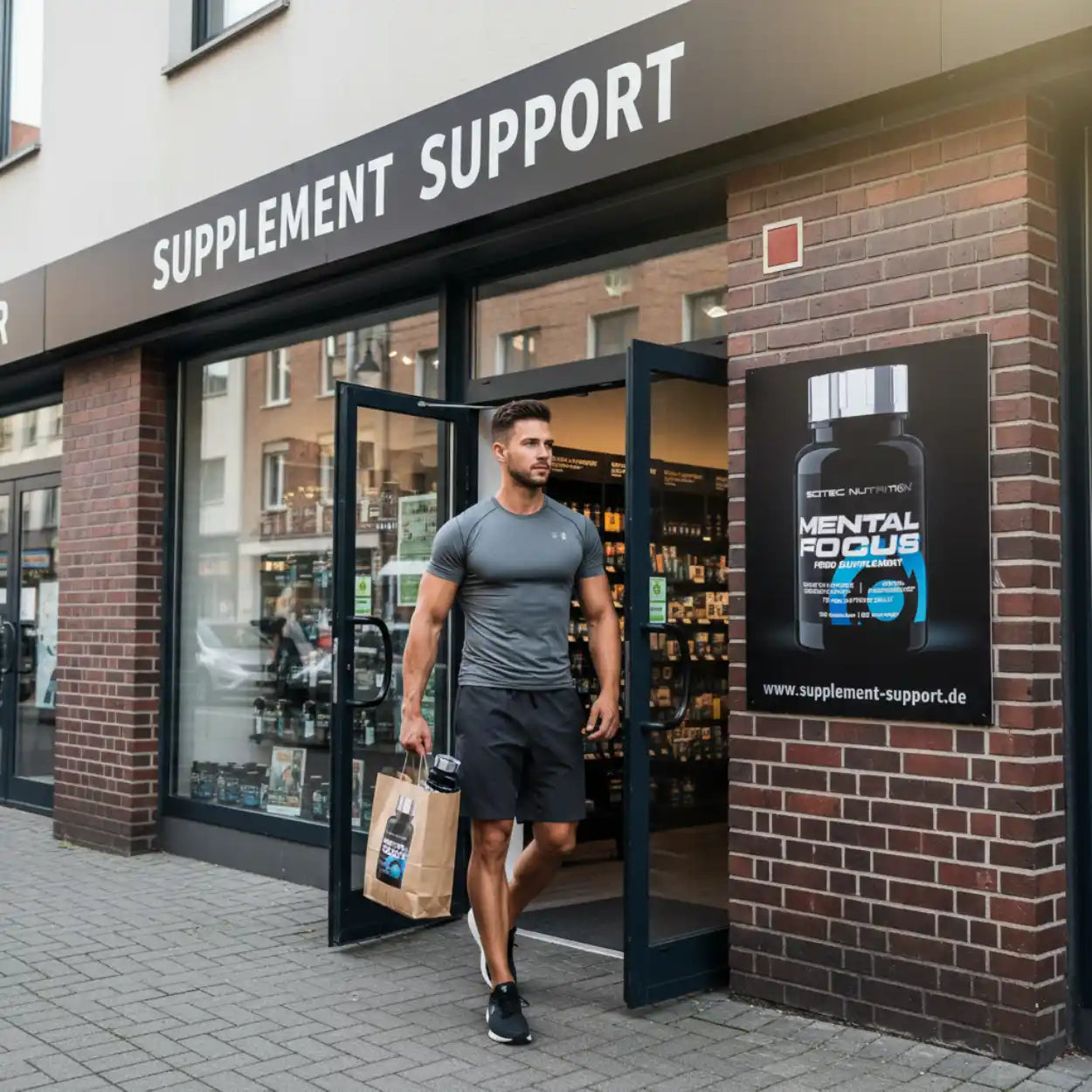 Sportlicher Mann mit Einkaufstüte verlässt einen Nahrungsergänzungsmittel Shop
