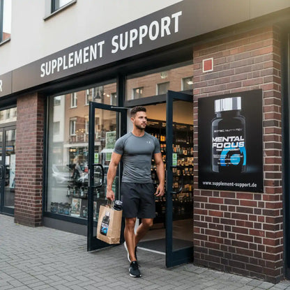 Sportlicher Mann mit Einkaufstüte verlässt einen Nahrungsergänzungsmittel Shop