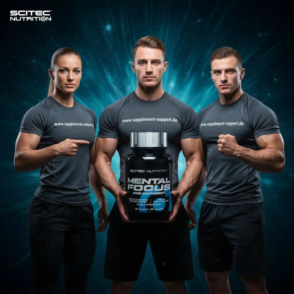 Drei sportliche Personen präsentieren Scitec Nutrition Mental Focus Nahrungsergänzungsmittel