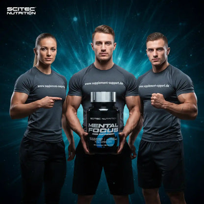 Drei sportliche Personen präsentieren Scitec Nutrition Mental Focus Nahrungsergänzungsmittel