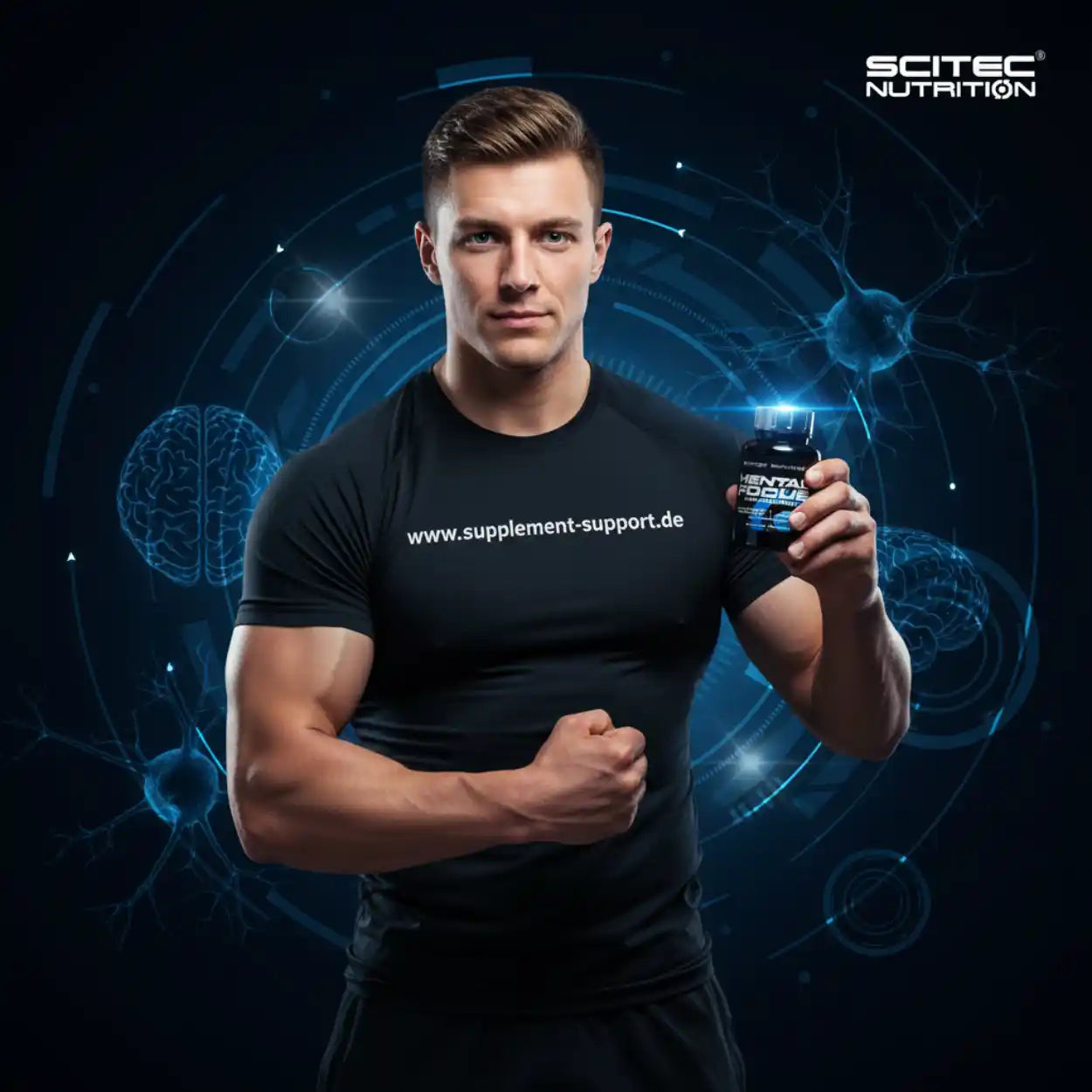 Muskulöser Mann hält Scitec Nutrition Mental Focus Nahrungsergänzungsmittel, Futur-Hintergrund
