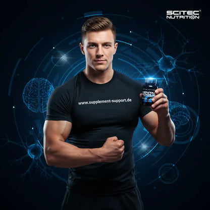 Muskulöser Mann hält Scitec Nutrition Mental Focus Nahrungsergänzungsmittel, Futur-Hintergrund