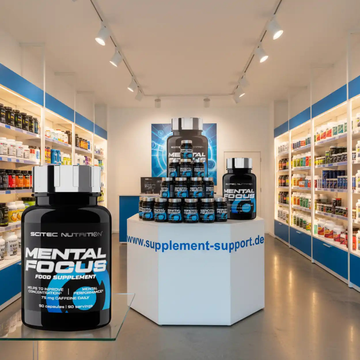 Mental Focus Nahrungsergänzungsmittel im Sportnahrung Geschäft, Produktregale im Hintergrund