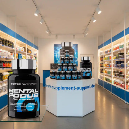 Mental Focus Nahrungsergänzungsmittel im Sportnahrung Geschäft, Produktregale im Hintergrund
