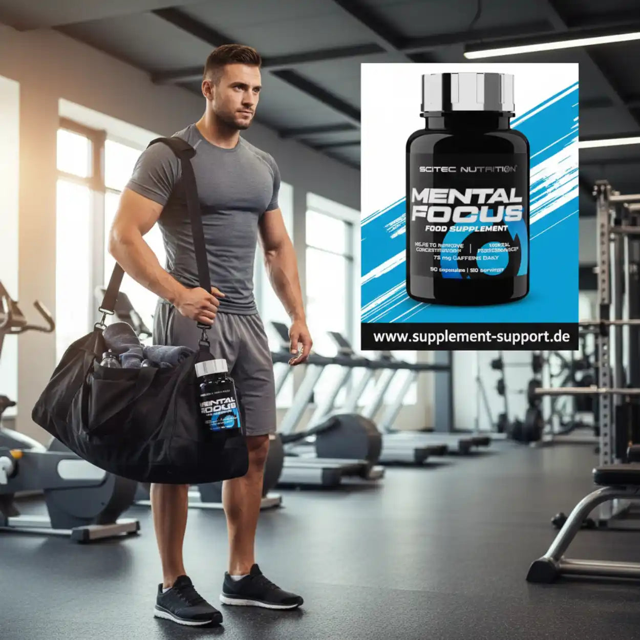 Mann im Fitnessstudio mit Sporttasche und Mental Focus Nahrungsergänzungsmittel, Sportnahrung