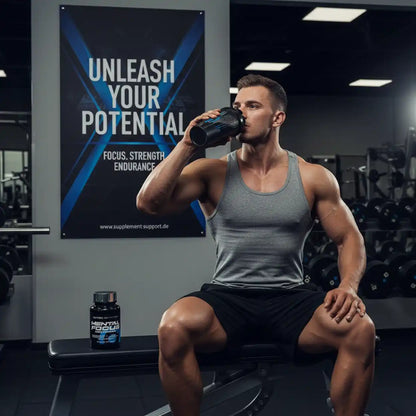 Sportlicher Mann im Fitnessstudio mit Trainingsbooster, trinkt Shake auf Hantelbank, Fokus auf Muskelaufbau