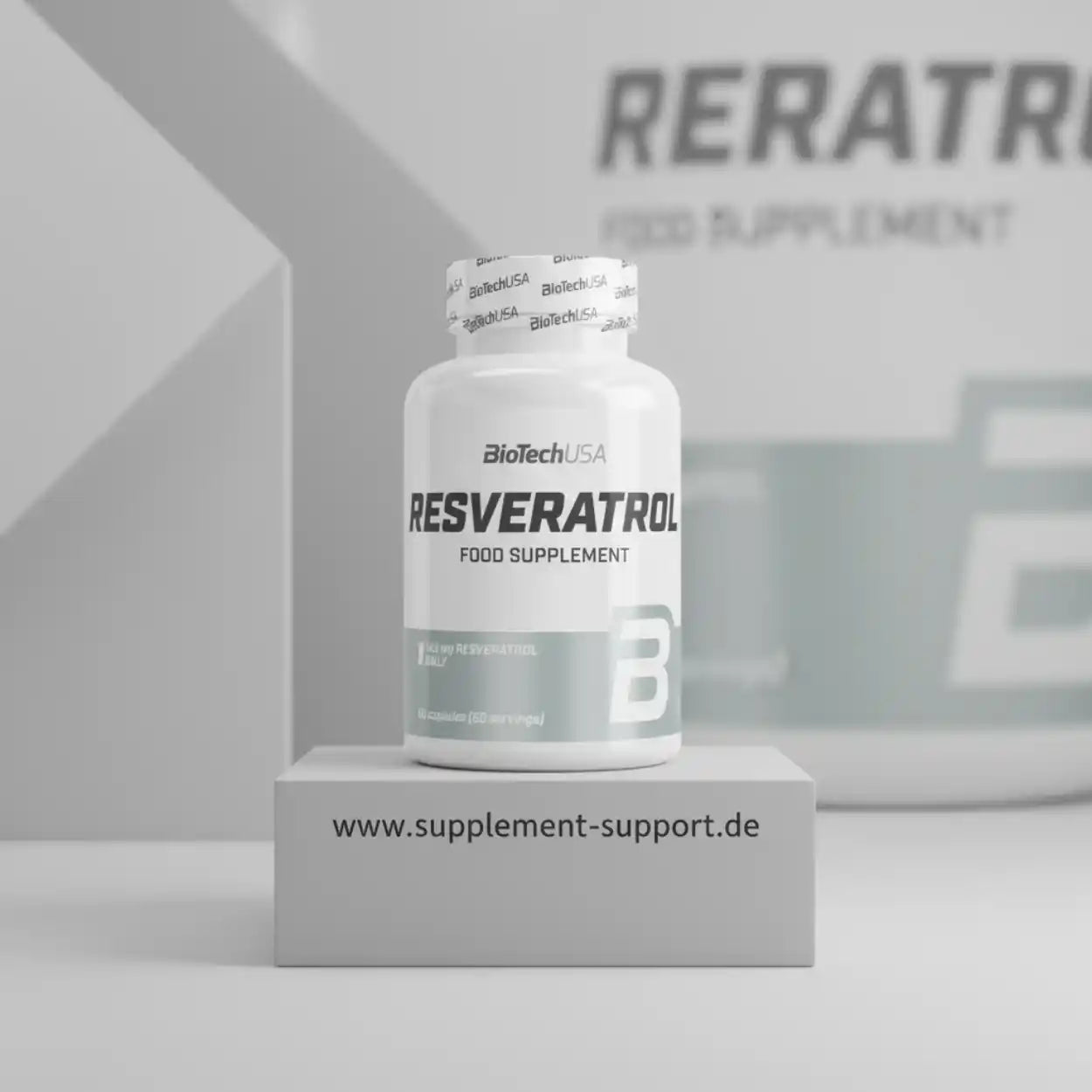 Resveratrol Nahrungsergänzungsmittel Dose auf Podest, modern präsentiert