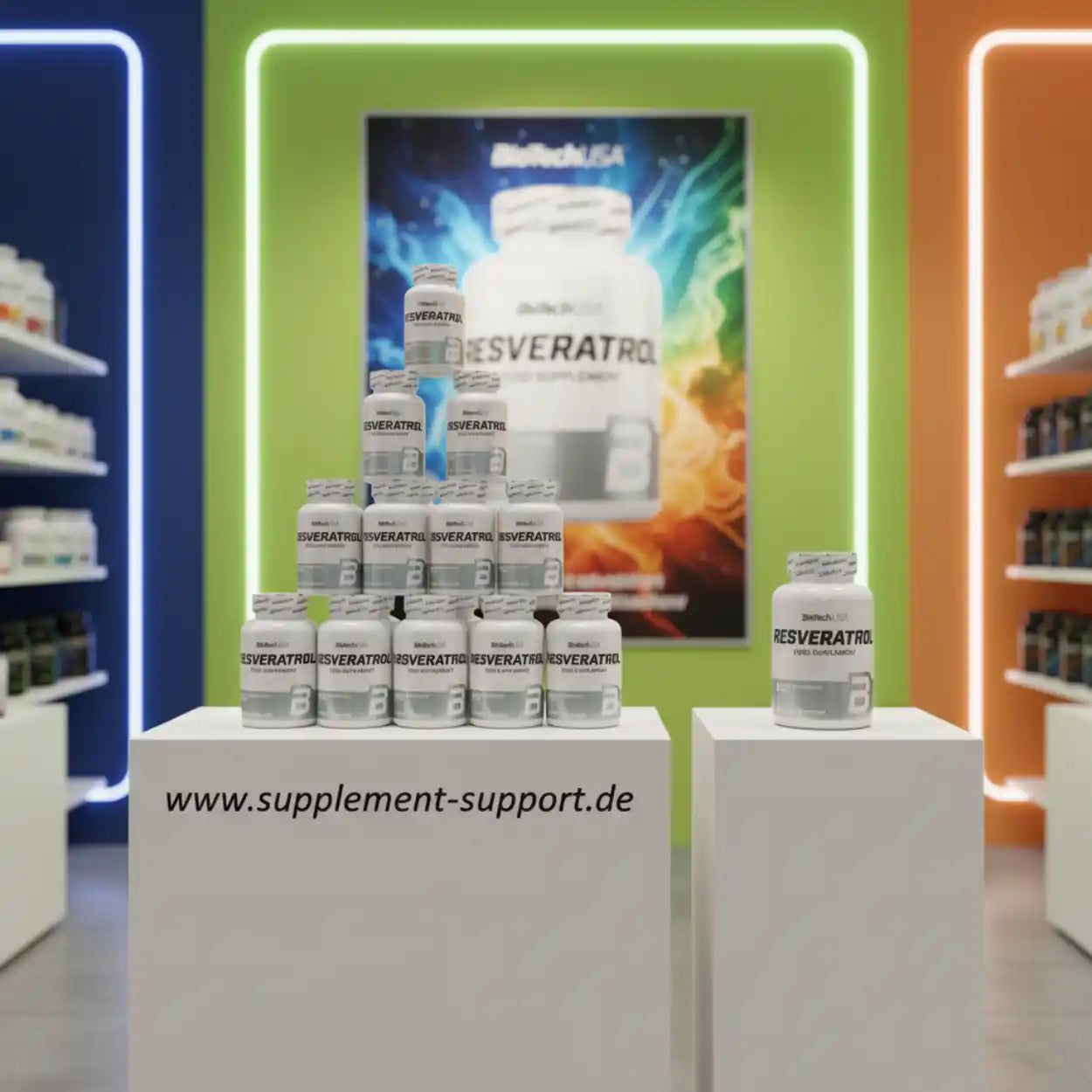 Resveratrol Nahrungsergänzungsmittel im modernen Sportnahrung-Shop auf Podesten ausgestellt
