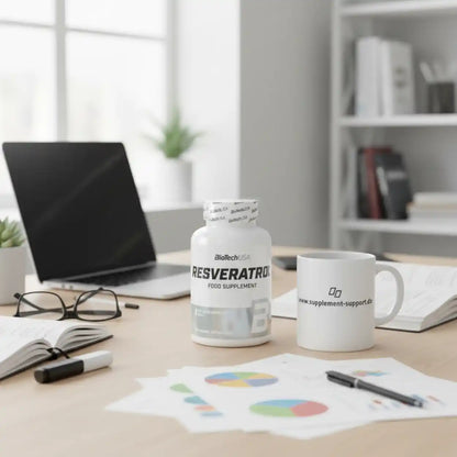 Resveratrol Nahrungsergänzungsmittel auf Schreibtisch mit Tasse, Laptop und Unterlagen
