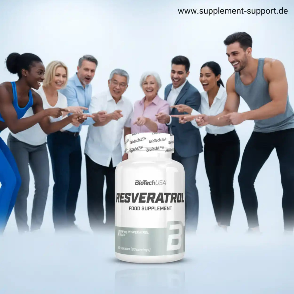 Gruppe Menschen zeigt auf Resveratrol Nahrungsergänzungsmittel Dose, gesund und aktiv