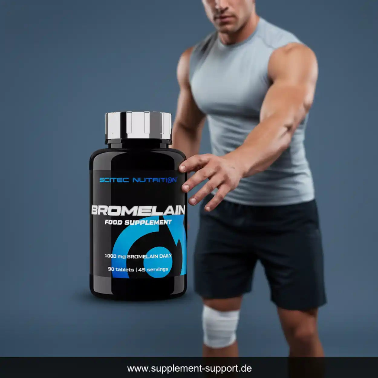 Sportler greift nach Scitec Nutrition Bromelain Nahrungsergänzung, ideal für Sport und Regeneration