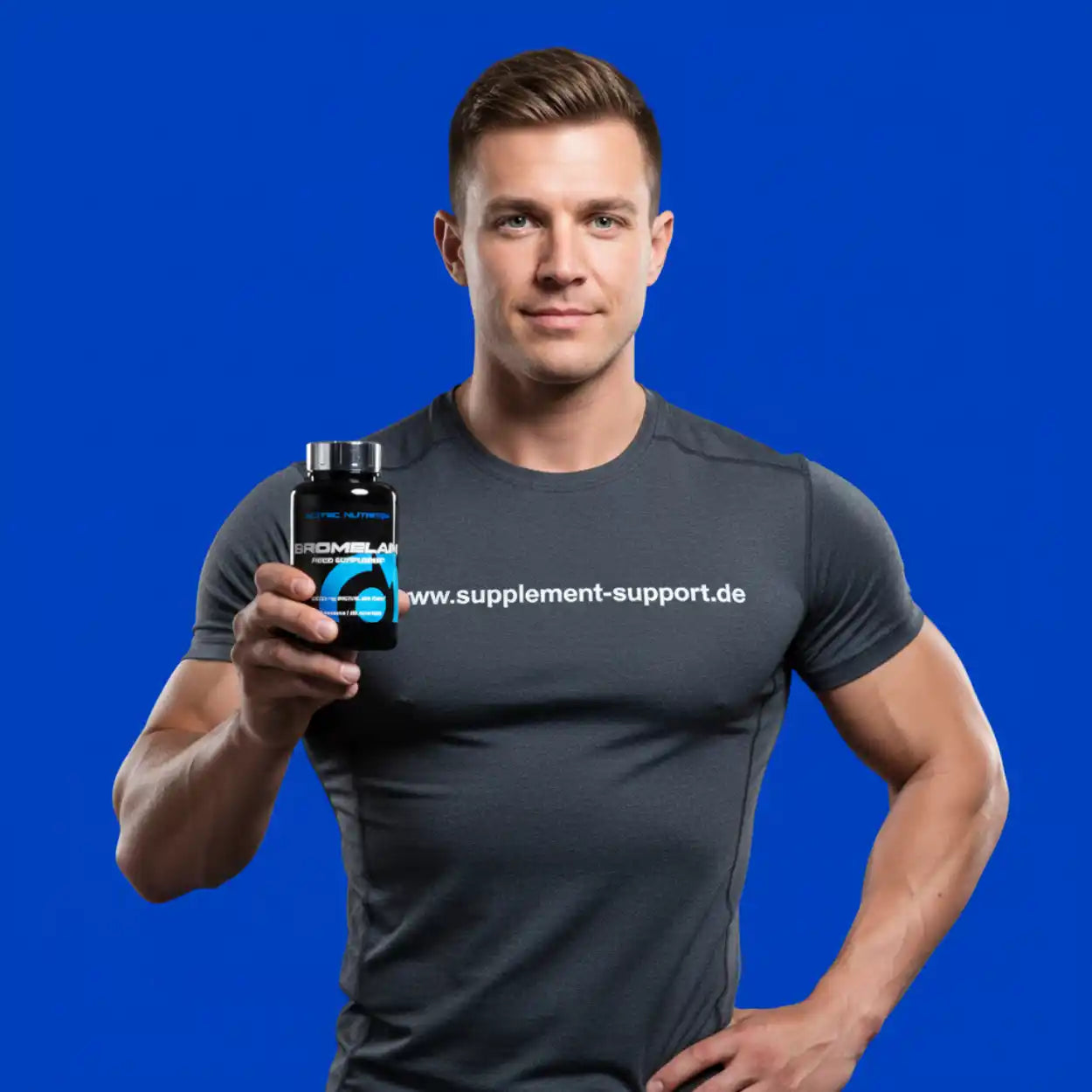 Sportlicher Mann präsentiert Bromelain Nahrungsergänzungsmittel von Supplement Support