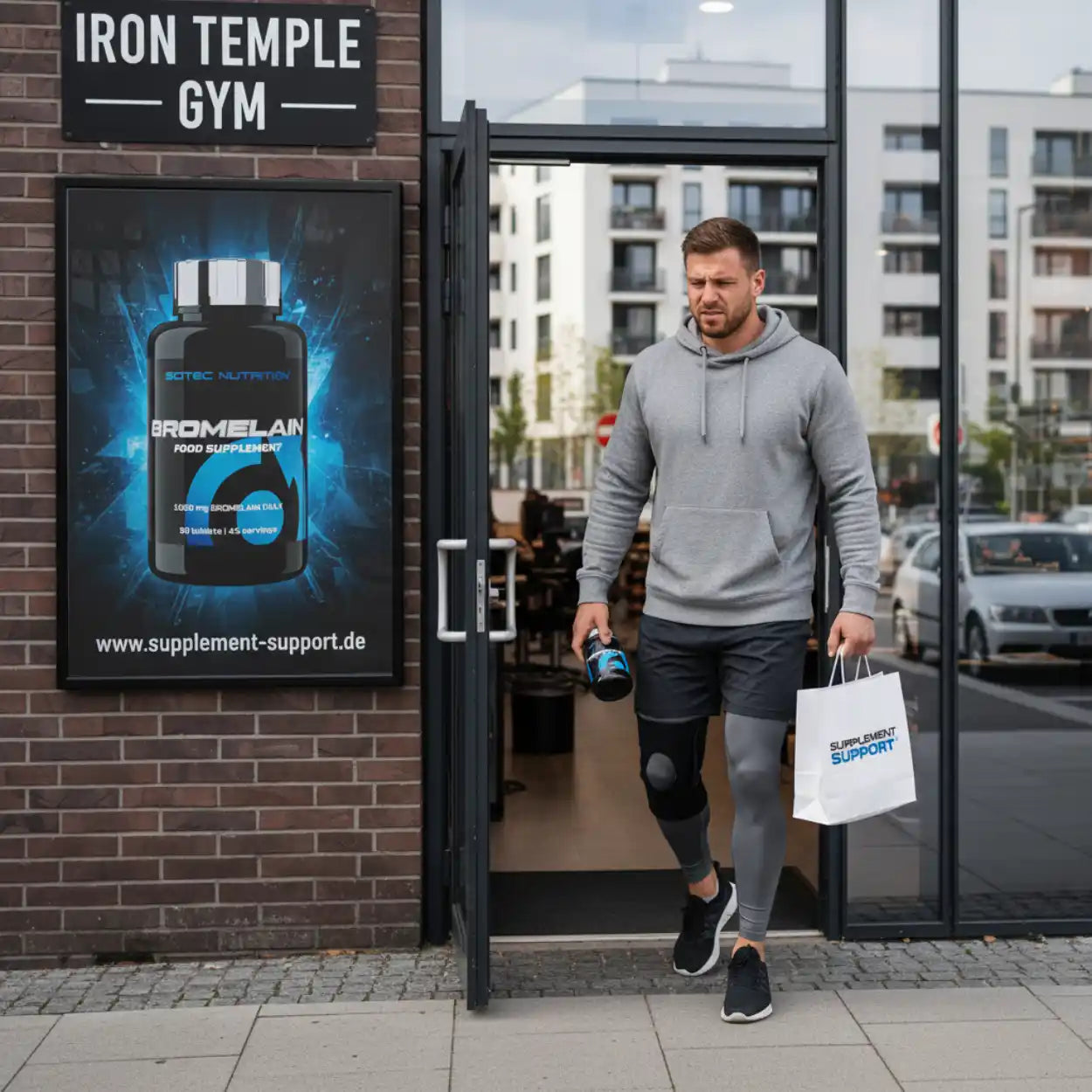 Sportler verlässt Fitnessstudio mit Supplement Support Tüte und Sportnahrung, Protein Werbung
