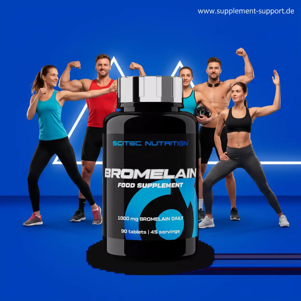 Bromelain Nahrungsergänzung von Scitec Nutrition, sportliche Männer und Frauen, blauer Hintergrund