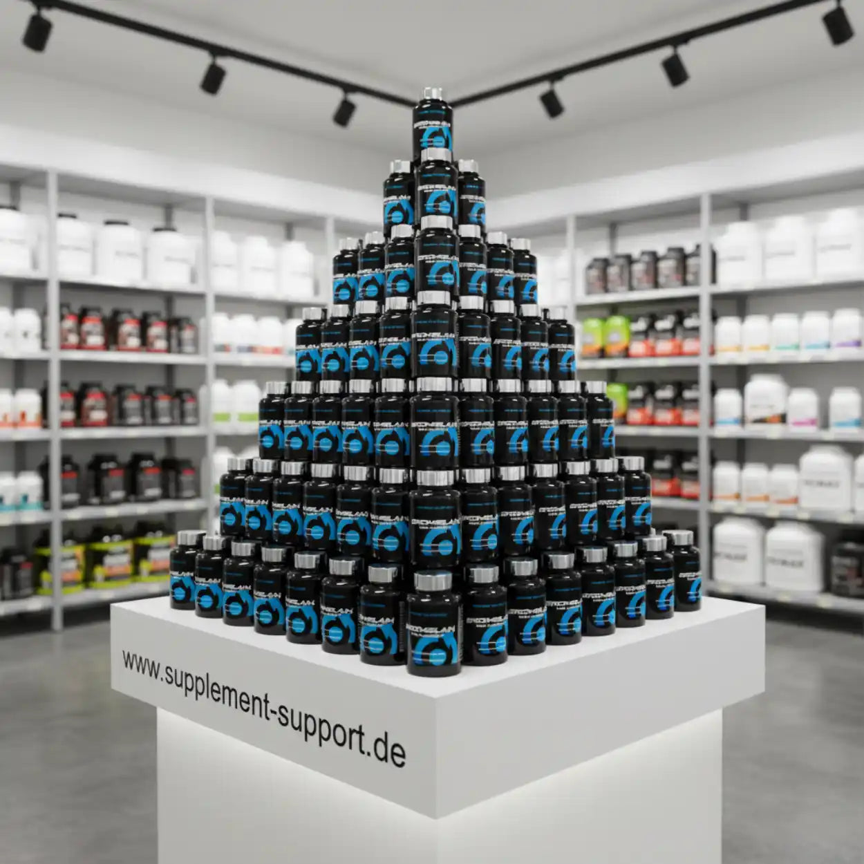 Pyramide aus schwarzen Supplement-Dosen im Sportnahrung-Geschäft, Regale mit Protein und Vitaminen